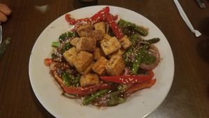 Tofu stirfry with fresh local veggies in house made black bean sauce on rice at Yorkholo Brewing Company in Mansfield