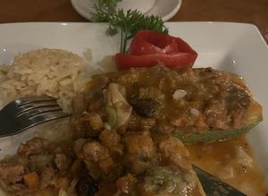 Stuffed Pumpkin - served with rice.   at Amaro Vegetariano y Internacional in Merida