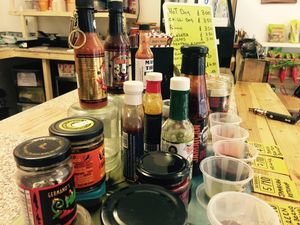Lots of vegan spicy sauce options at Chelle's Pantry in Rochester
