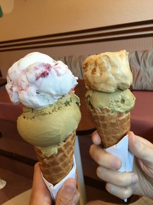 Strawberry cream and pistachio, salted caramel and pistachio  at Umaluma Dairy-Free Gelato in Vancouver
