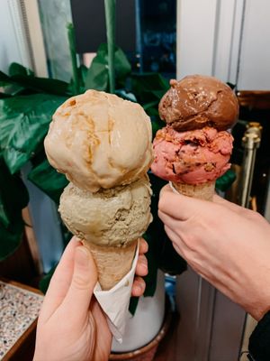 Caramel-pistachio and macadamiachoc-raspberry  at Umaluma Dairy-Free Gelato in Vancouver