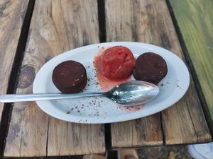 Trufas de chocolate con sorbete at Esbioesfera in Cardedeu