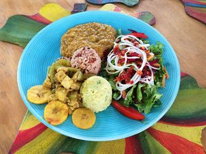 Bean stew, rice and peas . salad, plantains at  Soo Soom Ba Vegetarian  in Hope Bay