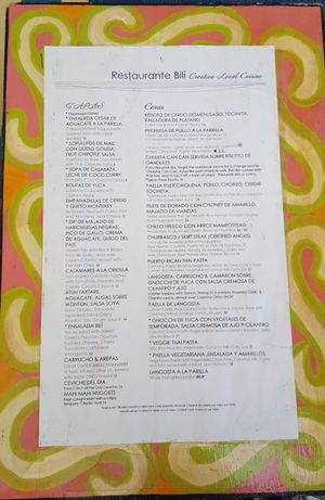 Food menu at Bili  in Vieques
