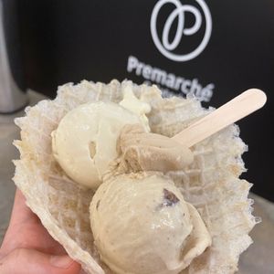 Kyoto miso vegan cheese and Shojin rum and SAMURAI-sin flavours in rice waffle  at Premarché Gelateria in Kyoto