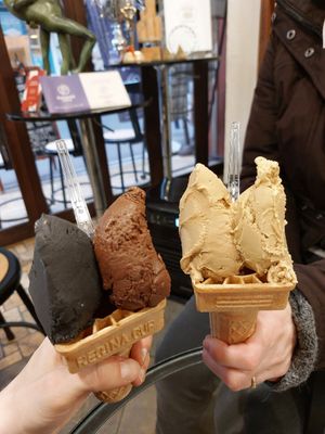 Ninja (black sesame) and chocolate, pistachio and "kingdom of tropical magic" at Premarché Gelateria in Kyoto