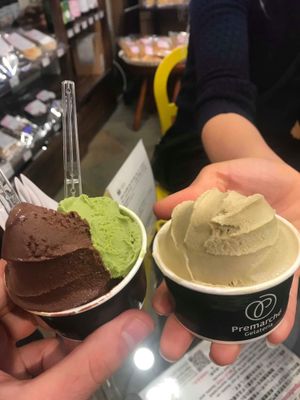 Eaten a bit, and cost ¥600! Pistachio on right, and the less tasty chocolate and matcha on the left. at Premarché Gelateria in Kyoto