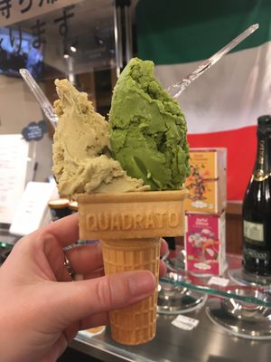 Matche ume and pistachio at Premarché Gelateria in Kyoto