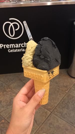 Sicilian pistachio and "The Ninja" (black sesame) at Premarché Gelateria in Kyoto