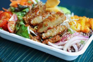 Natalie Porkman vegan 
Sweet & sour VEGAN pork seitan, pineapple kimchi, tomato, carrots w/bean sprouts, pickled onion & scallions. (Vegan/Slightly Spicy) at Pow Pow - H St NE in Washington