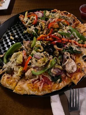 Vegan Veggie Mediterranean -
Artichokes, Mushrooms, Black & Green Olives, Red & Green Onions, Spinach, Red & Green Peppers, Pesto & Traditional Red Sauce 
 at Loggers Tap House in Roseburg
