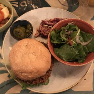 Vegan jackfruit burger, with slaw, salad and extra jalapeños  at Zapato Lounge in Northampton