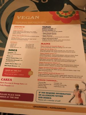 Separate vegan menu, Sept 2018 at Zapato Lounge in Northampton