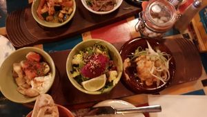 More tapas (some in pic may contain meat) supergreen bowl bottom middle was delicious at Zapato Lounge in Northampton