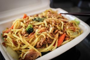 stir-fried wheat noodles with peanut sauce at Amitabha in Prague