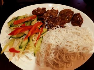 soy meat and rice noodles at Amitabha in Prague