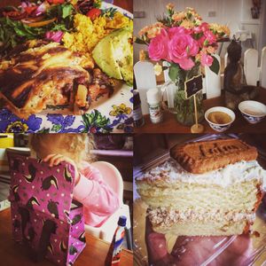 Vegan lasagne, kids meal picnic bag and Lotus cake. at T-Potters Cafe and Studio in Arbroath