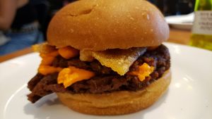 X-bacon burger (R$23). Starchy, bland and mushy. Not good at all. at Pop Vegan Food in Sao Paulo