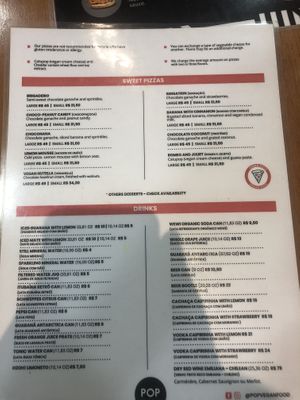 English menu sweet pizza and drinks   at Pop Vegan Food in Sao Paulo