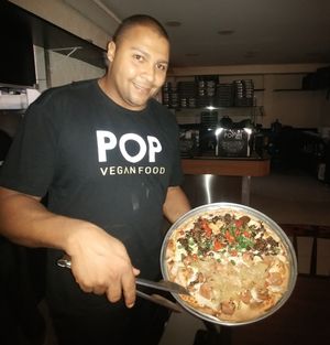 Saurkraut and sausage, and mushroom with red chili   at Pop Vegan Food in Sao Paulo