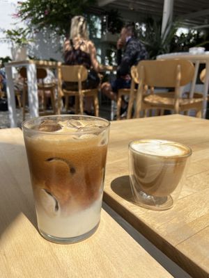 Iced latte and cappuccino - both with soy milk   at Bowl in Mykonos
