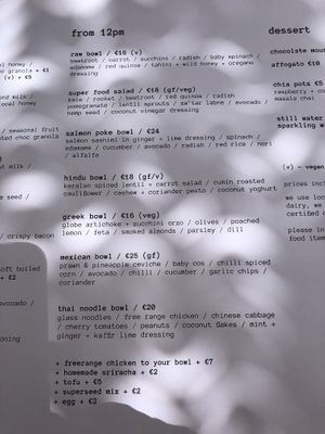 Main menu at Bowl in Mykonos