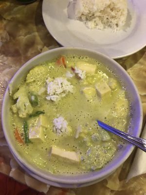 Green curry with tofu and white rice  at Dow Vegan Restaurant in Koh Phi Phi