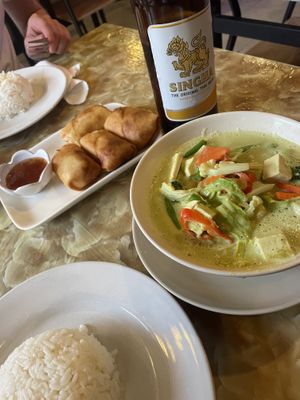 Thai green curry and spring rolls  at Dow Vegan Restaurant in Koh Phi Phi