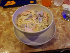 Carbonara with mushroom and mock meat sausage (tasted like frankfurter) at Dow Vegan Restaurant in Koh Phi Phi
