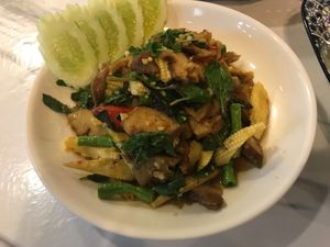 this was a delicious mock meat with veggie plate at Dow Vegan Restaurant in Koh Phi Phi