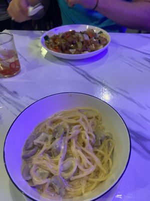 Carbonara and fried noodles with “fish”  at Dow Vegan Restaurant in Koh Phi Phi