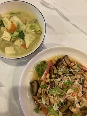 Green curry and Thai salad with vegan duck  at Dow Vegan Restaurant in Koh Phi Phi