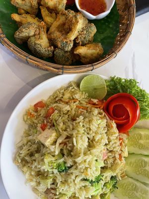 Fried broccoli and green curry tofu fried rice  at Dow Vegan Restaurant in Koh Phi Phi