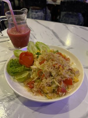 Fried rice pineapple (asked to add tofu) + strawberry smoothie   at Dow Vegan Restaurant in Koh Phi Phi