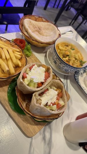 Pita schnitzel and massamam curry  at Dow Vegan Restaurant in Koh Phi Phi