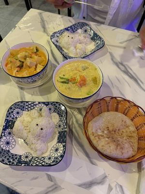 Massaman curry and Indian curry with rice and nan  at Dow Vegan Restaurant in Koh Phi Phi
