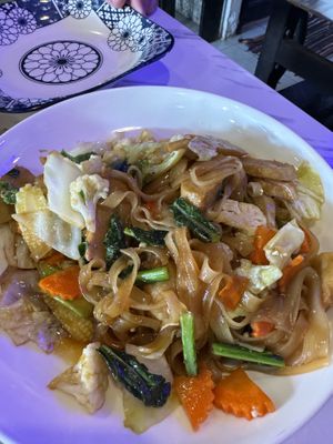Noodles and “chicken” with black soy   at Dow Vegan Restaurant in Koh Phi Phi