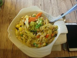 Red- curry macaroni with cereal grain at Dow Vegan Restaurant in Koh Phi Phi