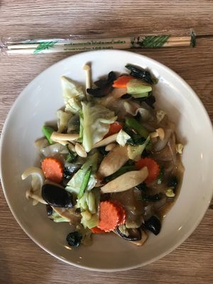 Friend noodles mushrooms (Large noodles) at Dow Vegan Restaurant in Koh Phi Phi