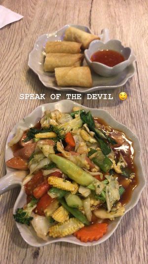 sweet & sour w veggie sausage and spring rolls.  at Dow Vegan Restaurant in Koh Phi Phi