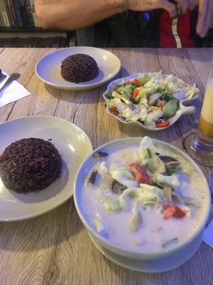 Tom ka, ginger stir fried veggies, brown rice at Dow Vegan Restaurant in Koh Phi Phi