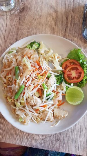 Vegan Pad Thai with fake Chicken  at Dow Vegan Restaurant in Koh Phi Phi