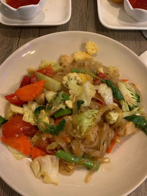 Thai style noodle with fake chicken  at Dow Vegan Restaurant in Koh Phi Phi