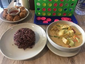 Massaman curry (veg and pumpkin) and cauliflower bites at Dow Vegan Restaurant in Koh Phi Phi