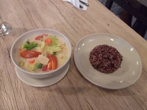 Tom ka with fake chicken and brown rice at Dow Vegan Restaurant in Koh Phi Phi