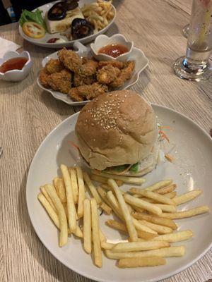 Falafel burger, fried vegetables mix and tofu steak with mushroom  at Dow Vegan Restaurant in Koh Phi Phi
