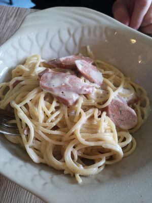 Vegan carbonara with veggie sausage at Dow Vegan Restaurant in Koh Phi Phi
