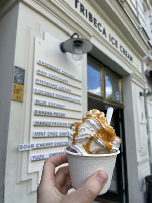 Best vegan ice cream with cream and salted caramel sauce    at Tribeca Ice Cream in Berlin