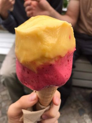 Already licked mango-strawberry icecream at Tribeca Ice Cream in Berlin