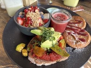 Vegan brunch with pancakes, juice, bread with grilled vegetables, joghurt - big portion size  at Rosmarie in Aalen
